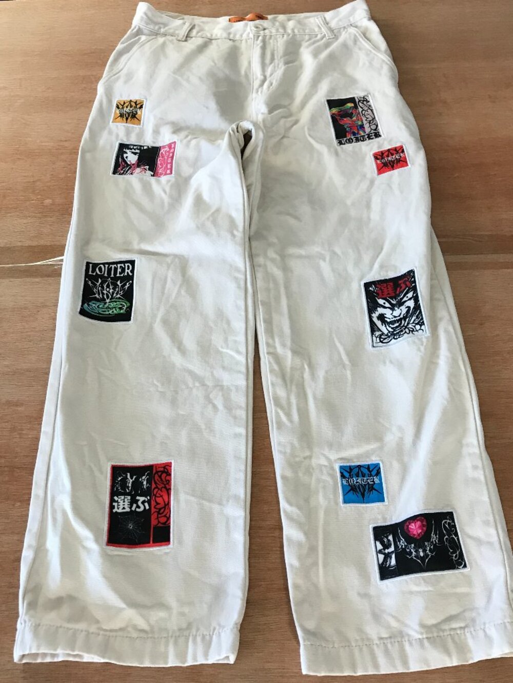 Loiter Patchwork Double Knee Pants Men 30x26 White Mid Rise Stretch Streetwear